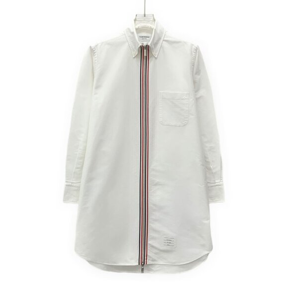 Thom Browne White Striped Cotton Collared Zip-Up Long Sleeve Shirt - Picture 1 of 8